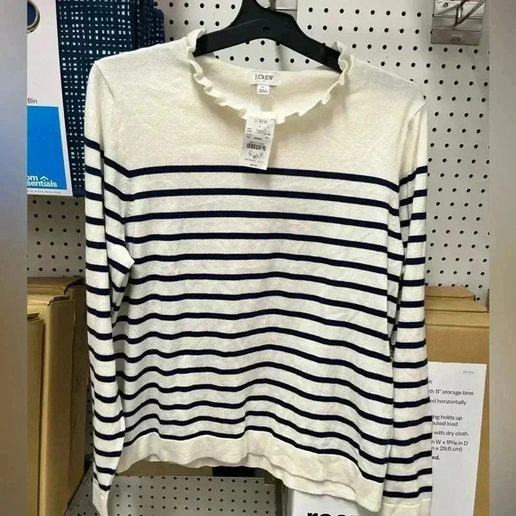 NWT J.Crew Factory Women's Striped Ruffleneck Sweater Cream L - Picture 4 of 5